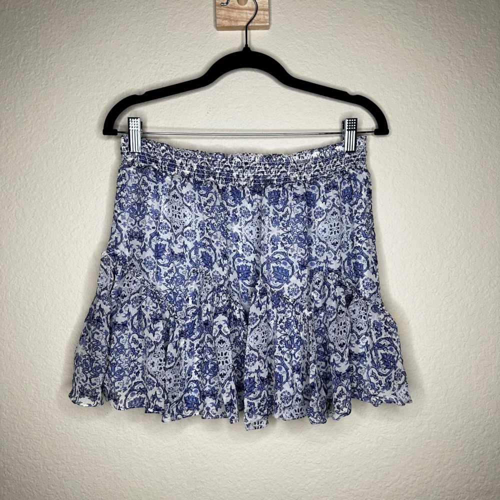 Intermix Blue White Floral 100% Silk Smocked Tiered Ruffle Mini Skirt XL